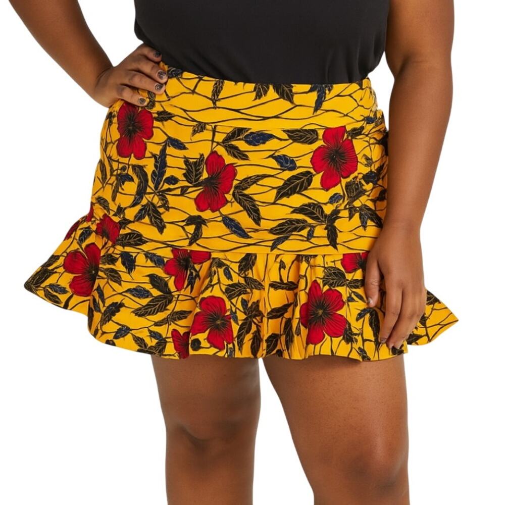 Grassfields GF Yellow Black Red Floral African Mini Ruffle Skirt Plus Size 24